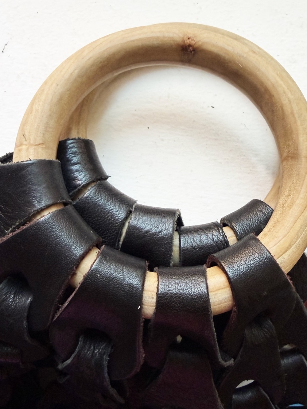 Italian Leather Woven Tote with Wooden Ring Handles - Picture 4 of 6
